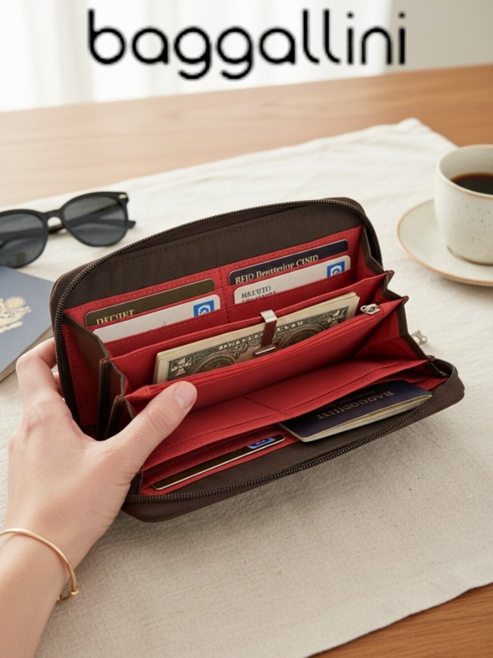 Baggallini RFID Wallet Organizer Brown Nylon Travel Zip Around Clutch